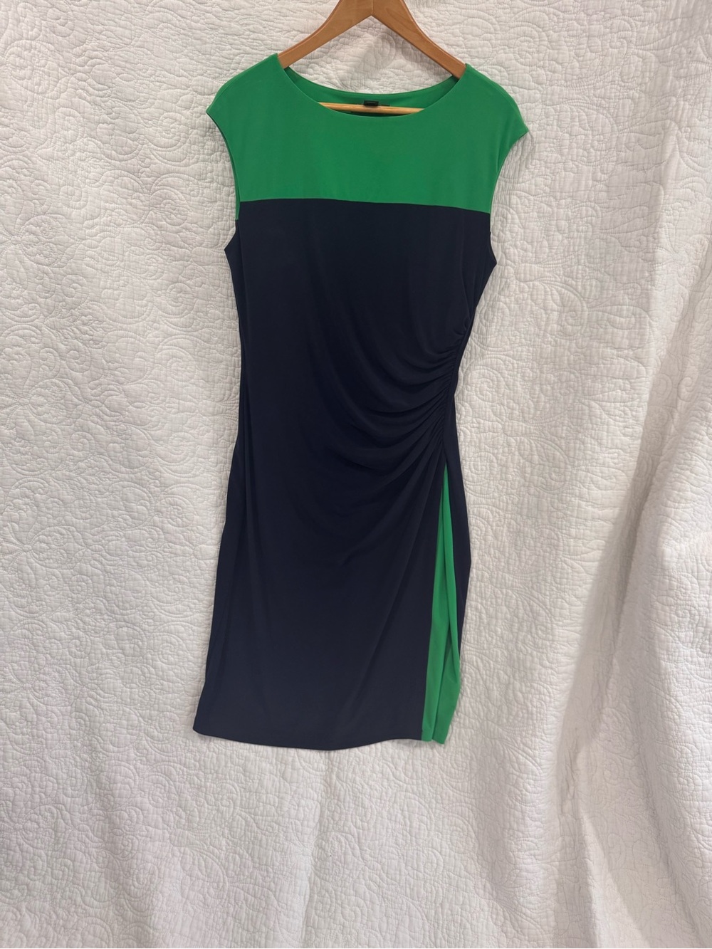 Ralph Lauren Green and Navy Cap-Sleeve Ruched Midi Dress